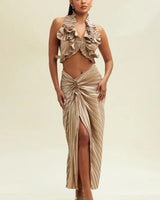 Vixen Skirt Set (Taupe) front view showing complete two piece skirt set