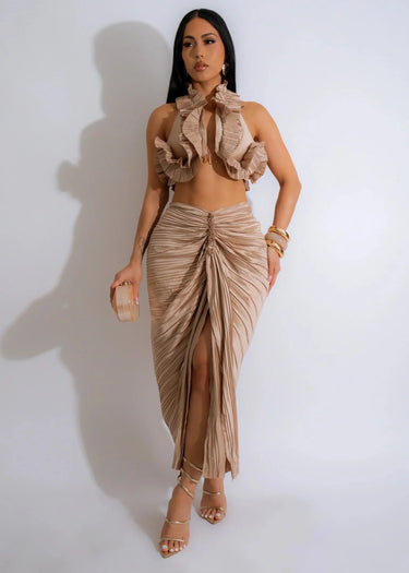 Vixen Skirt Set (Taupe) side view showing skirt silhouette and fit