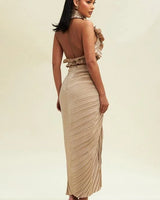 Vixen Skirt Set (Taupe) close up of matching top design and fabric