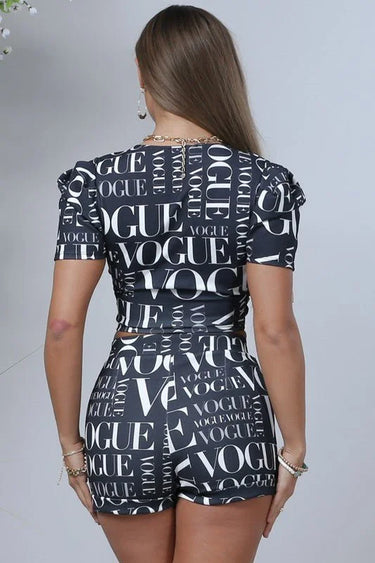 Vogue Print Black Crop Top with Puff Sleeves - stylish going out crop top