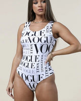Vogue Print  White Bodysuit close up of fitted fabric and design detail