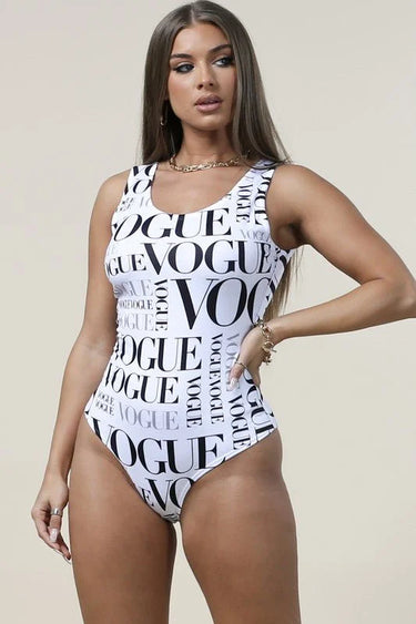 Vogue Print  White Bodysuit close up of fitted fabric and design detail