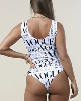 Vogue Print  White Bodysuit showing neckline and construction detail