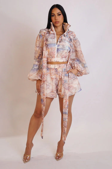 Voyager Map Print Short Set - Beige front view showing complete two piece short set