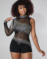 I Want to Hear More Black Rhinestone Romper with Mesh Detail - chic romper by Palazzo Couture