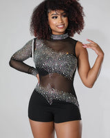 I Want to Hear More Black Rhinestone Romper with Mesh Detail - cute women's romper