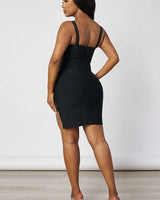 Elegant Black elegant mini dress on model styled for going out
