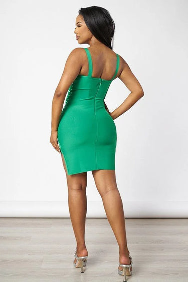 Elegant Green elegant mini dress on model styled for going out