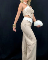 Wheat White Luxe Halter Set side view showing pants silhouette and fit