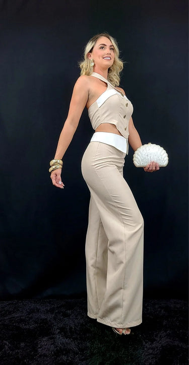 Wheat White Luxe Halter Set side view showing pants silhouette and fit