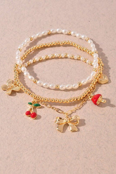 Whimsical Charm 3 piece Bracelet Set Gold Red - Palazzo Couture Online