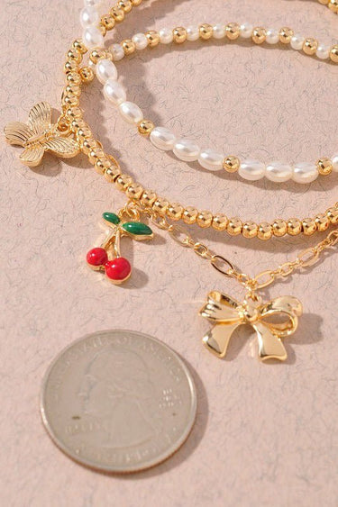 Whimsical Charm 3 piece Bracelet Set Gold Red - Palazzo Couture Online