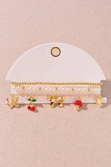 Whimsical Charm 3 piece Bracelet Set Gold Red - trendy women's jewelry