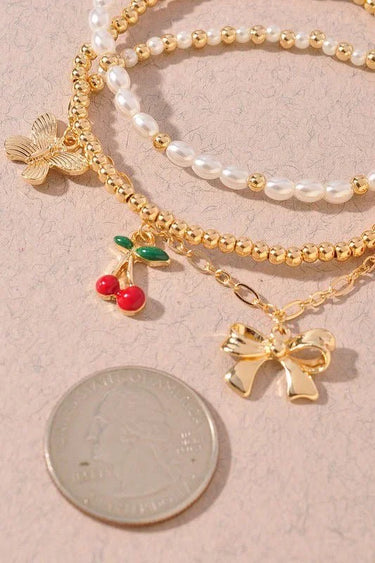 Whimsical Charm 3 piece Bracelet Set Gold Red - women's statement jewelry
