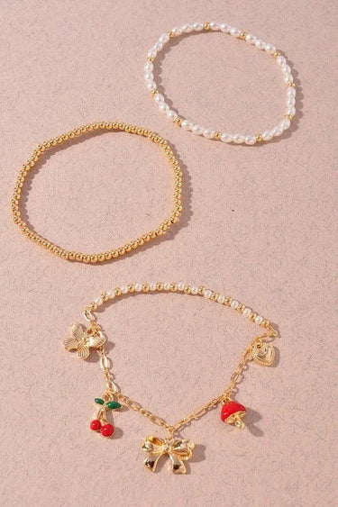 Whimsical Charm 3 piece Bracelet Set Gold Red - stylish accessory for every outfit