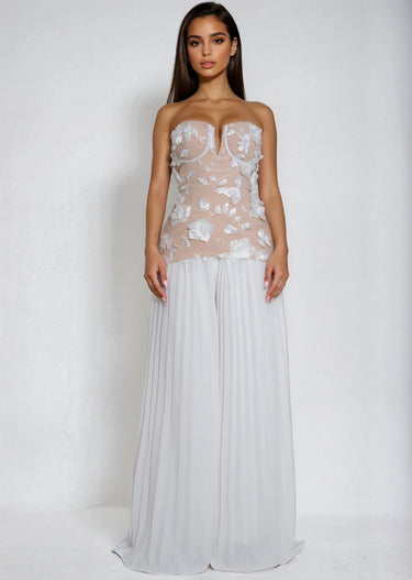 White 3D floral corset pant set front view with pearl accents