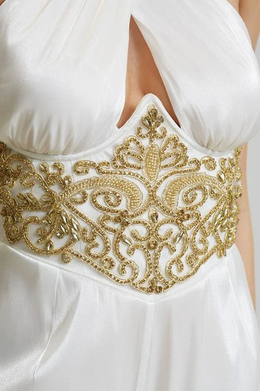 White Embellished Halter Jumpsuit - trendy women's jumpsuit