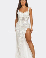 White Floral Sequin Gown – Enchanted Blossom Maxi showing floral construction details