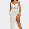 White Floral Sequin Gown – Enchanted Blossom Maxi showing floral construction details