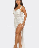 White Floral Sequin Gown – Enchanted Blossom Maxi close up detail of sequin design and fabric