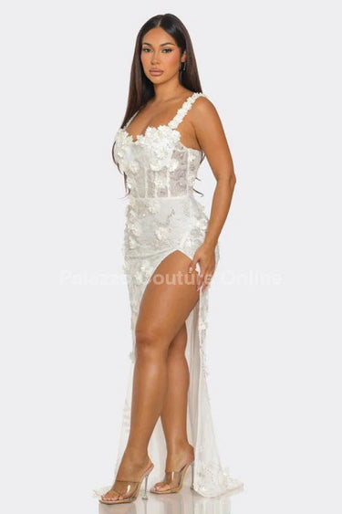 White Floral Sequin Gown – Enchanted Blossom Maxi close up detail of sequin design and fabric