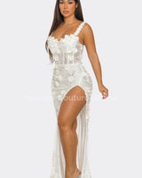 White Floral Sequin Gown – Enchanted Blossom Maxi front view showing full-length maxi silhouette