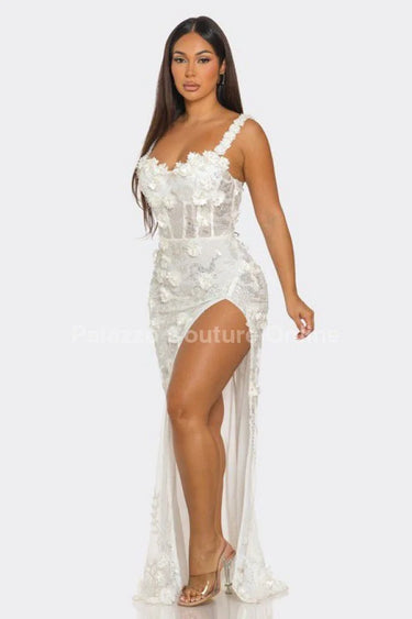 White Floral Sequin Gown – Enchanted Blossom Maxi front view showing full-length maxi silhouette