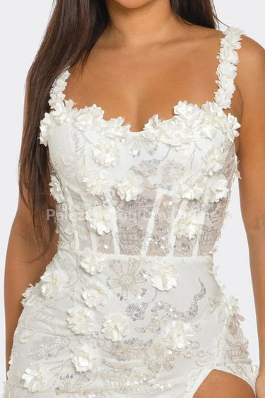 White Floral Sequin Gown – Enchanted Blossom Maxi side view highlighting floor-length hemline