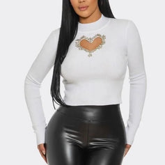 White Heart Cutout Turtleneck Top – Lovely Fit front view showing long sleeve design