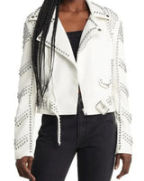 White Moto Jacket – Studded Faux Leather Moto Style - bold fashion outerwear
