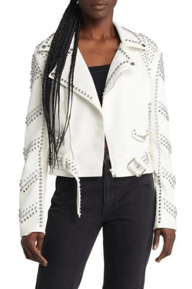 White Moto Jacket – Studded Faux Leather Moto Style - bold fashion outerwear