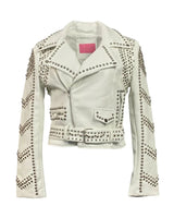 White Moto Jacket – Studded Faux Leather Moto Style - trendy layering piece for women