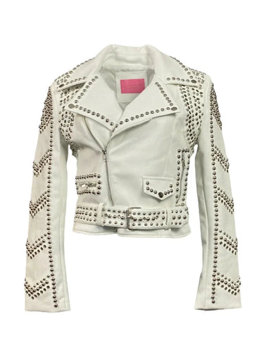 White Moto Jacket – Studded Faux Leather Moto Style - trendy layering piece for women