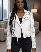 White Moto Jacket – Studded Faux Leather Moto Style - women's fashion jacket
