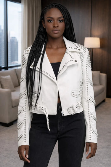 White Moto Jacket – Studded Faux Leather Moto Style - women's fashion jacket