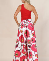 Big Red Flower Print Wide Leg Palazzo Pants - view 2
