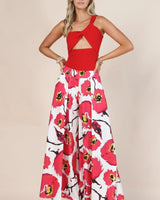 Big Red Flower Print Wide Leg Palazzo Pants - front view