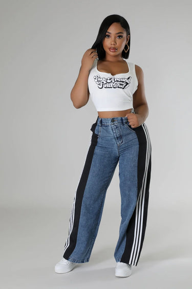 Wide Leg Pants Track with Elastic Waistband front view showing jeans fit and silhouette