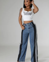Wide Leg Pants Track with Elastic Waistband side view showing jeans leg shape and fit