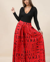 Custom Red Vogue Print Graphic Palazzo Pants - front view