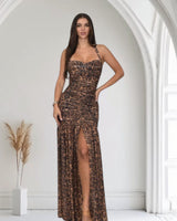 Wild Allure Mesh Halter Maxi Dress - Brown Multi - Palazzo Couture Online
