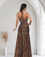 Wild Allure Mesh Halter Maxi Dress - Brown Multi close up detail of halter design and fabric