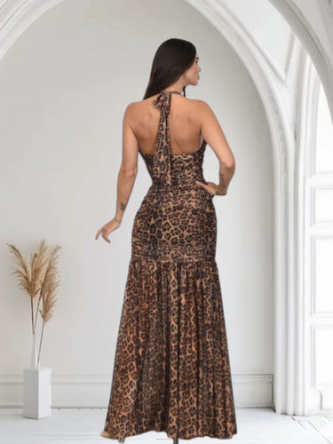Wild Allure Mesh Halter Maxi Dress - Brown Multi close up detail of halter design and fabric