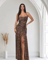 Wild Allure Mesh Halter Maxi Dress - Brown Multi front view showing full-length maxi silhouette