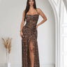 Wild Allure Mesh Halter Maxi Dress - Brown Multi front view showing full-length maxi silhouette