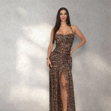 Wild Allure Mesh Halter Maxi Dress - Brown Multi side view highlighting floor-length hemline
