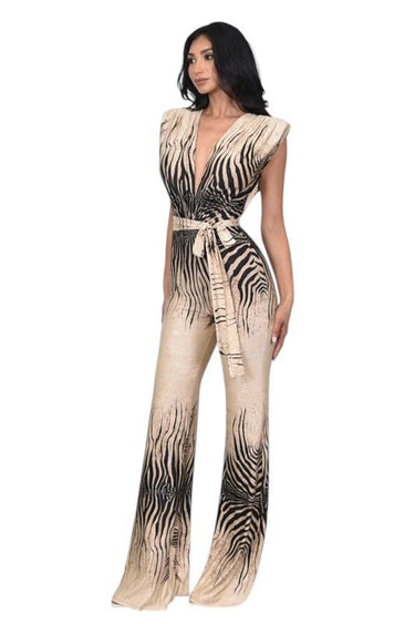 Belted jumpsuit wide leg – Wild Muse print jumpsuit for women’s evening