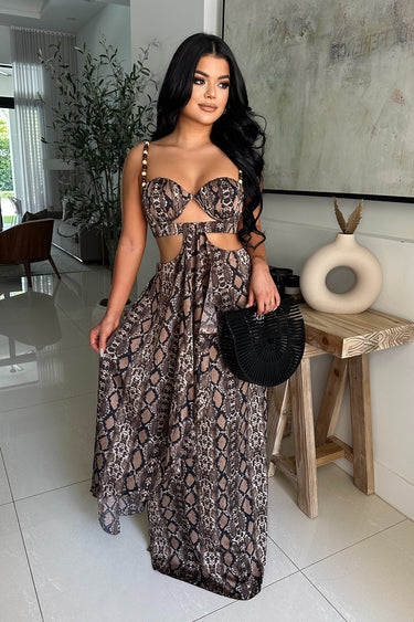 Wild Rhythm Python Satin Cut - Out Maxi Dress - Palazzo Couture Online