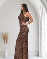 Women's Brown Multi maxi dress one shoulder style back view
