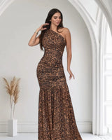 Wild Temptation Leopard Maxi Dress One Shoulder Mesh – Brown Multi close up detail of one shoulder design and fabric